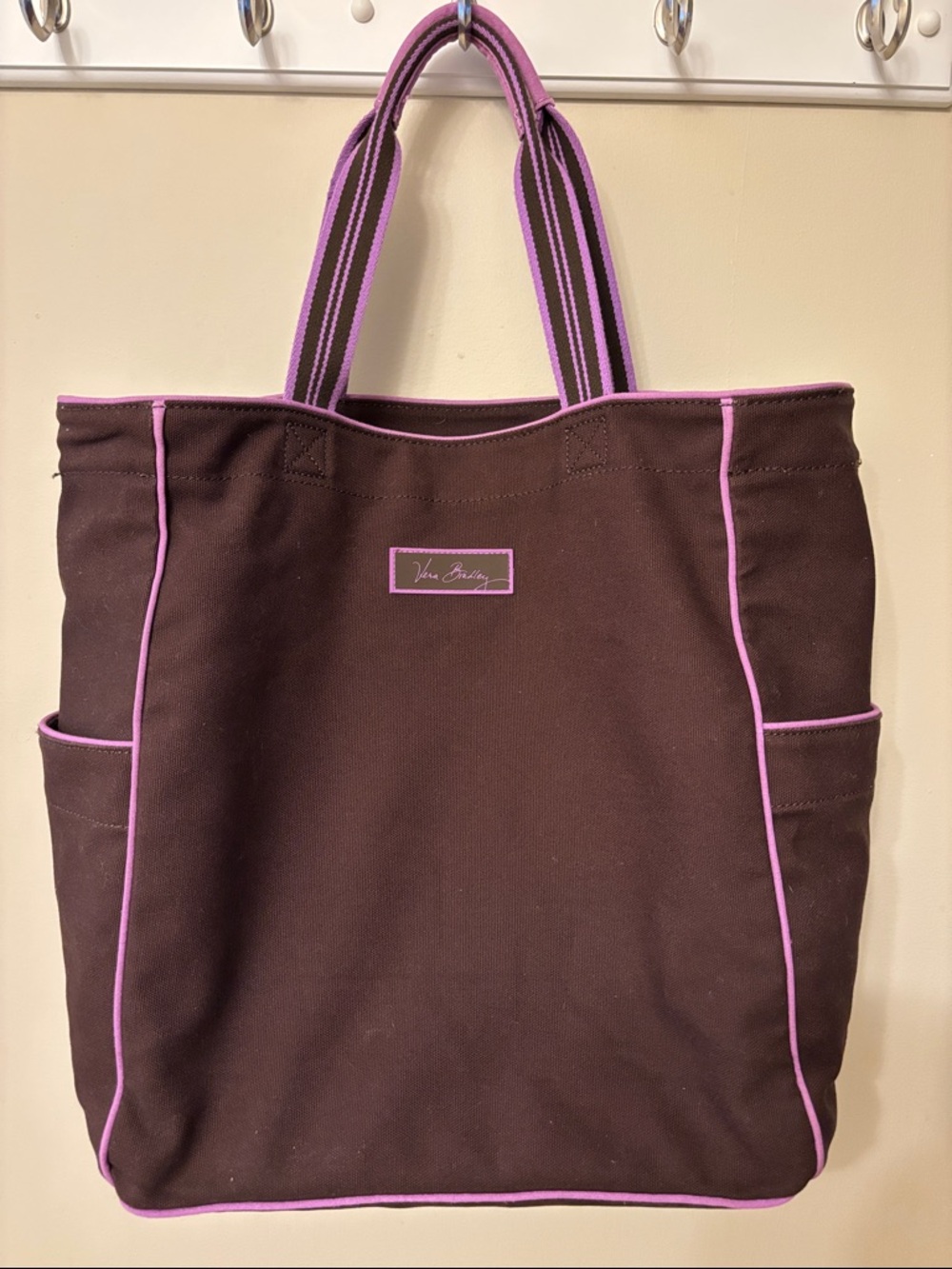 Vera Bradley Brown Canvas Tote with Pink Trim and Striped Handles